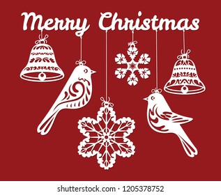 Christmas card. Silhouette for laser or paper cutting. Traditional ornament elements. New Year's decoration. White lace Birds, bells, snowflakes on red background.