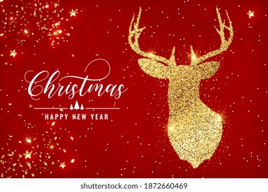 Christmas card with silhouette magic deer and gold glitter confetti. Christmas background with gold deer head. Merry Christmas and Happy New Year red background. Vector template for greeting card.