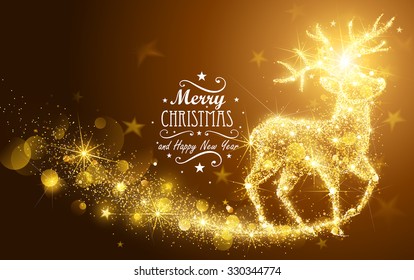 Christmas card with silhouette Magic Deer and flickering lights. Vector illustration