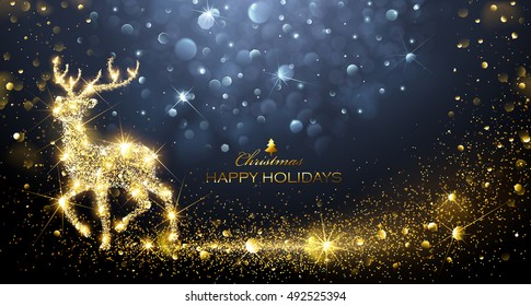 Christmas Card With Silhouette Magic Deer And Flickering Lights. Vector Illustration