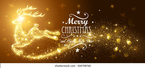 Christmas card with silhouette Magic Deer and flickering lights. Vector illustration