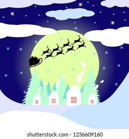 Christmas card with the silhouette of Santa Claus in a sleigh with deers