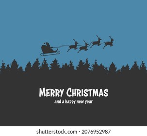 Christmas Card with silhouette of Santa Claus in sleigh pulled by reindeer above forest trees, vector illustration