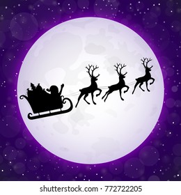 Christmas card with silhouette of Santa Claus at the night sky. Vector