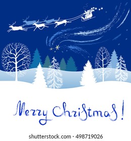Christmas card with silhouettes of trees, sled reindeer and Santa Claus with gifts.