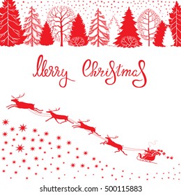 Christmas card with silhouettes of trees, sled reindeer and Santa Claus with gifts.