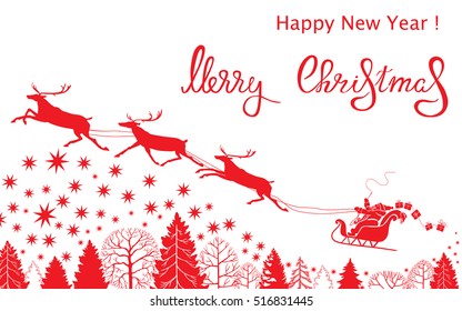 Christmas card with silhouettes of trees, sled reindeer and Santa Claus with gifts.