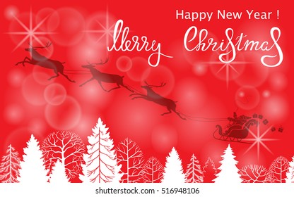 Christmas card with silhouettes of trees, sled reindeer and Santa Claus with gifts.  Red background.