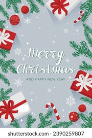 Christmas card with silver background with decorative elements of fir branches, gift boxes, Christmas tree balls, striped candy canes for New Year's greetings to family and friends