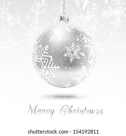 Christmas card with silver ball in white, vector illustration. Snow flakes texture can be removed to have a clean decorated bauble