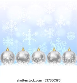 Christmas card with silver balls with snowflakes ornament