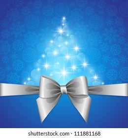 christmas card with silver bow and fir shape of stars