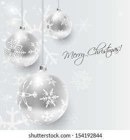 Christmas card with silver decorated balls in white, vector illustration