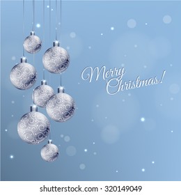 Christmas card with silver decorated balls in white and blue, vector illustration eps 10