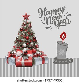 Christmas card in silver, gray color with a candle, greeting card template.