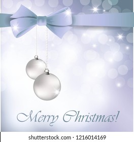 Christmas card with silver ribbon, bow and balls