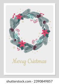 Christmas card with simple craft decorations in flat vintage style. Vector illustration with Christmas wreath.