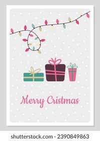 Christmas card with simple craft decorations in flat vintage style. Vector illustration with gifts and garland.