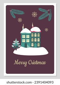 Christmas card with simple craft decorations in flat vintage style. Vector illustration with sweet home concept on winter snowy evening.