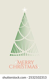 Christmas card simple design. Merry Christmas or New Year banner template with a geometric Christmas tree. Vector brutalist greeting card with abstract Christmas tree for card, banner, poster, web.