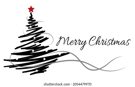 Christmas card with a simple Christmas tree on white background. Hand drawn isolated illustrations.