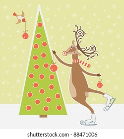 Christmas card with a skating deer, christmas tree and bird