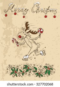 
Christmas card with skating deer, vintage illustration with hand drawn elements

