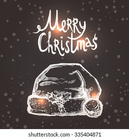 Christmas Card With Sketch Santa Hat On The Chalkboard