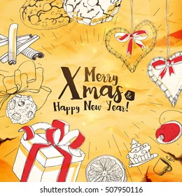 Christmas Card With Sketches And Typography greetings at paper background. Merry Xmas hand drawing banner. Vintage style.