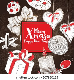 Christmas Card With Sketches And Typography greetings at dark background. Merry Xmas hand drawing banner.