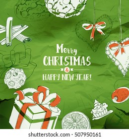 Christmas Card With Sketches And Typography greetings on green background. Merry Xmas hand drawing banner. Vintage style.