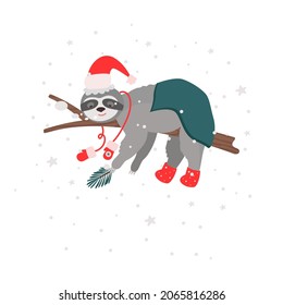 A Christmas card with a sleeping sloth on a tree in warm winter clothes under a blanket. Vector illustration for design and decor, banner
