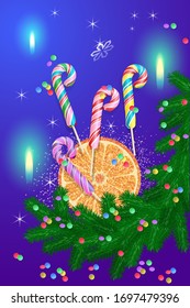 Christmas card with a slice of orange sprinkled with sugar with colored lollipops with fir branches candles and snowflakes on the background of the color of the night winter sky