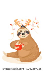Christmas card with sloth. Cute lazy sloth with mug of cacao. Animal sloth dressed in antlers. Vector illustration.