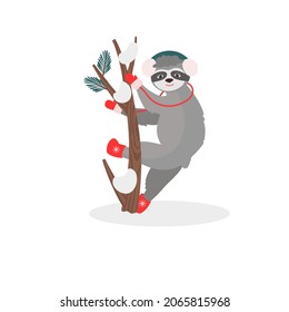 A Christmas card with a sloth on a tree in warm winter clothes, headphones, mittens, felt boots. Vector illustration for design and decor, banner