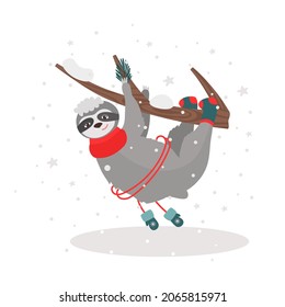 Christmas card with a sloth on a tree in warm winter clothes, scarf, mittens, socks. Vector illustration for design and decor, banner