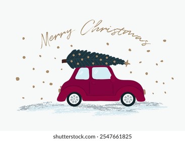 Christmas card with a small red car with Christmas tree on the roof. Winter, celebration, merry Christmas, greetings.