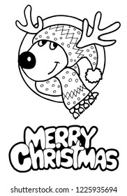Christmas card with a smiling deer. Vector illustration with deer head in winter hat and scarf. Picture for coloring in a circle. Can also be used as a logo.
