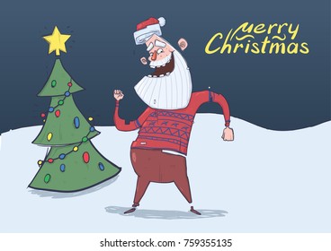 Christmas card with smiling Santa Claus in deer sweater dancing in the night in front of decorated Christmas tree. Horizontal vector illustration. Cartoon character. Lettering. Copy space.