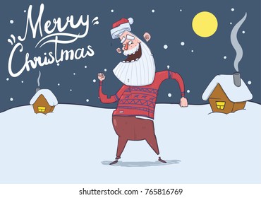 Christmas card with smiling Santa Claus in deer sweater dancing in the snowy night in front of festive houses under the Moon. Horizontal vector illustration. Cartoon character. Lettering. Copy space.