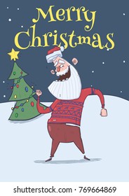 Christmas card with smiling Santa Claus in deer sweater dancing in the night in front of Christmas tree under the snow. Vertical vector illustration. Cartoon character. Lettering. Copy space.