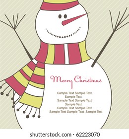 Christmas card with smiling snow man. Vector illustration