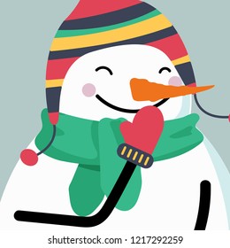 Christmas Card with smiling snowman. Retro style Christmas poster. Vector