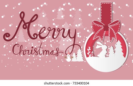 Christmas card with snow ball and rabbit standing next to christmas tree. Text Merry Christmas. Vector illustration.