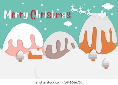 Christmas card, snow city, Santa deer, floating into the sky, design style, paper cutting, vector illustration