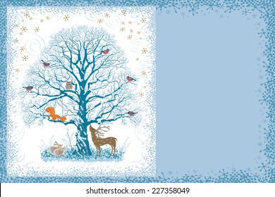 Christmas card with snow covered tree and different animals near and on it