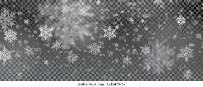 Christmas card with snow flake isolated on transparent background. Falling snowflakes translucent christmas. Vector illustration. Merry Christmas, New Year design. EPS 10.