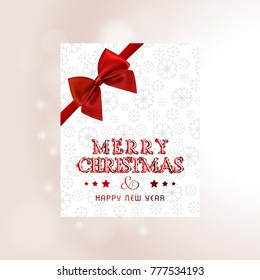 Christmas card with snow flakes pattern and red bow