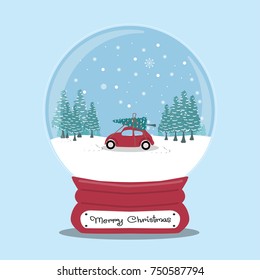 Christmas card with snow forest and a car carrying a tree on top in a snow globe with falling snow. Text Merry Christmas. Vector illustration