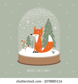 Christmas card. Snow Globe with cute fox	

